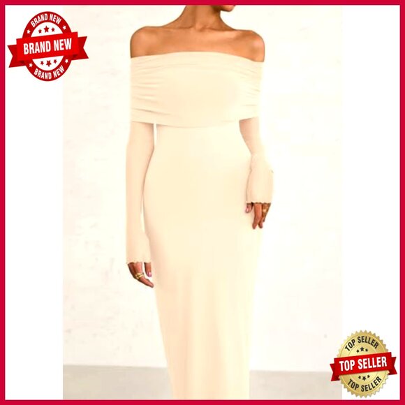 Elegant Off Shoulder Long Sleeve Formal Bodycon Maxi Dress Wedding Guest - Picture 5 of 7